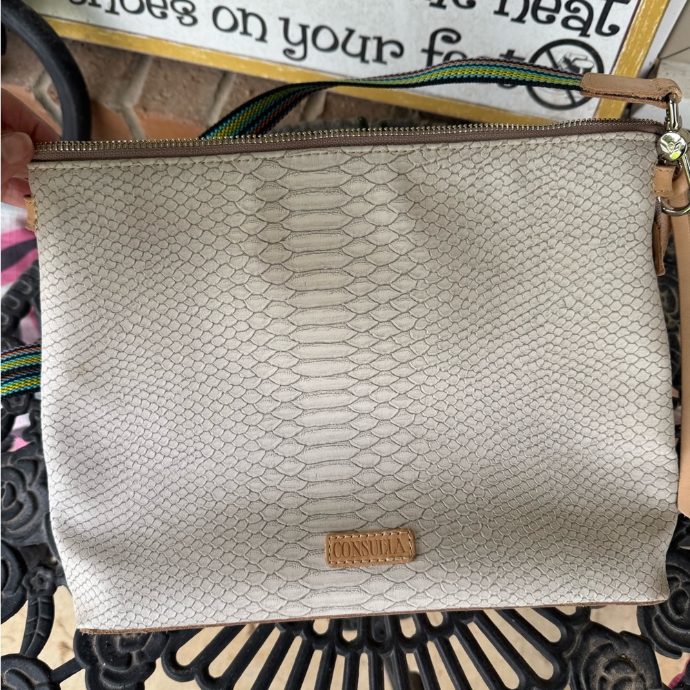Consuela Cream Snake-Embossed Crossbody with Striped Strap